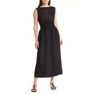 Reformation Davie smocked waist black linen dress